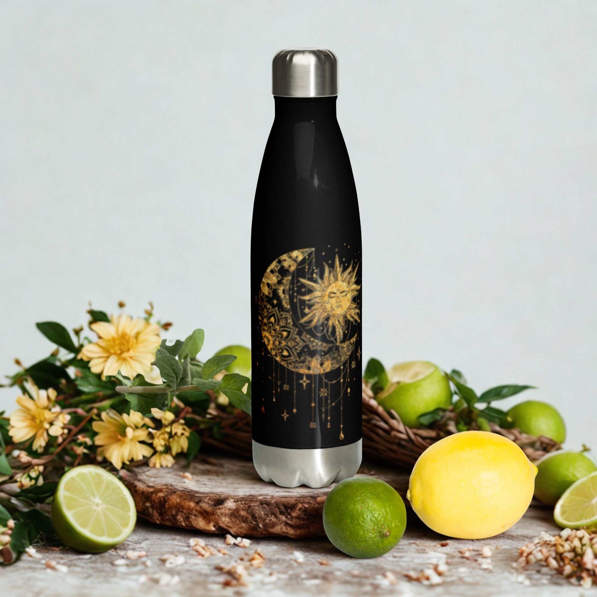 Mystic Sun and Moon Stainless Steel Water Bottle with celestial design, insulated and leak-proof, 17 oz capacity