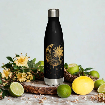 Mystic Sun and Moon Stainless Steel Water Bottle with celestial design, insulated and leak-proof, 17 oz capacity