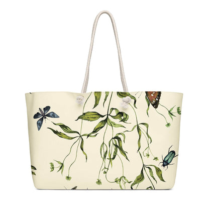Oversized weekender bag with vintage botanical and mystic garden creatures print, soft rope handles, spacious and lightweight for travel
