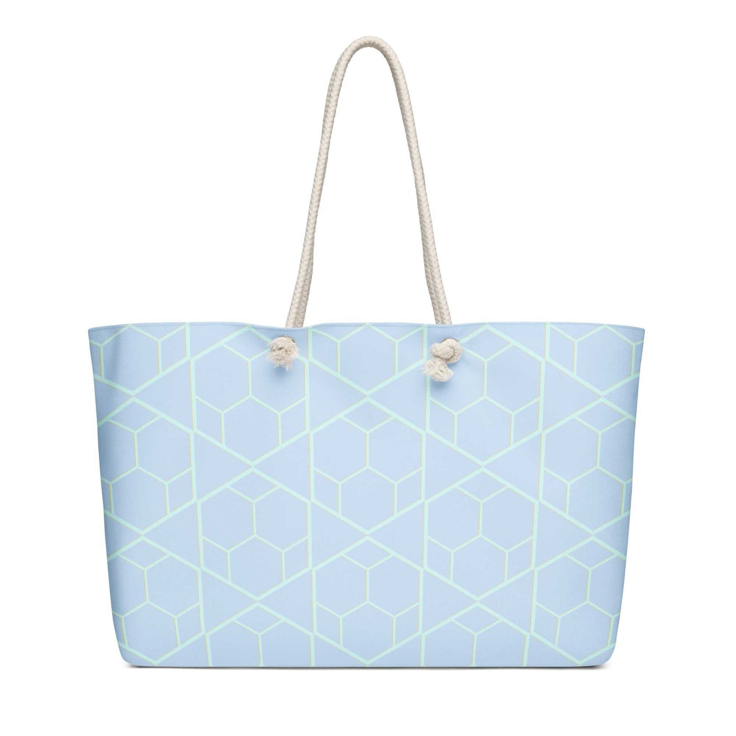 oversized weekender bag with light blue geometric pattern and cream rope handles for travel and style