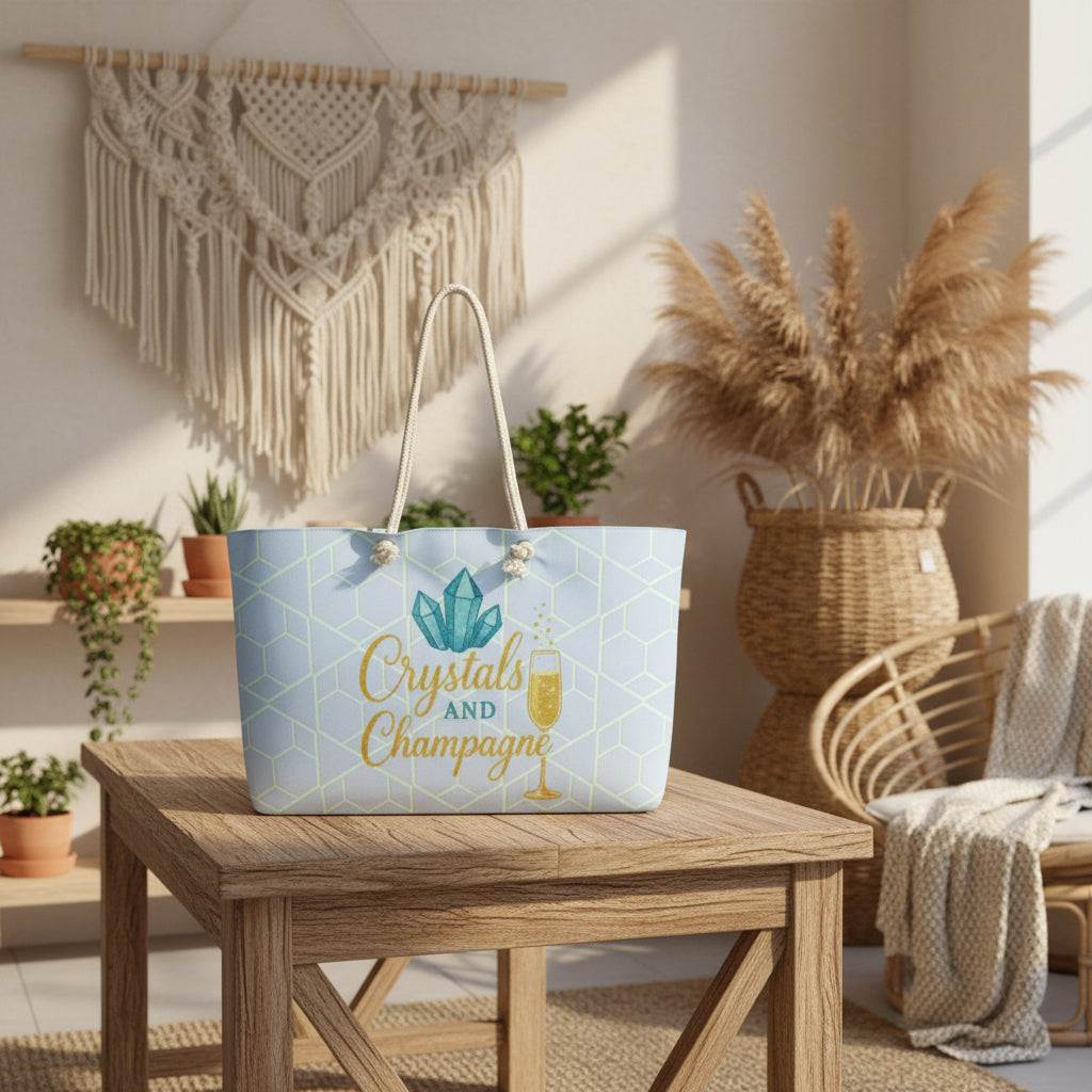 Oversized Weekender Bag with Crystals and Champagne glow design, rope handles, and spacious interior on wooden table in cozy boho room