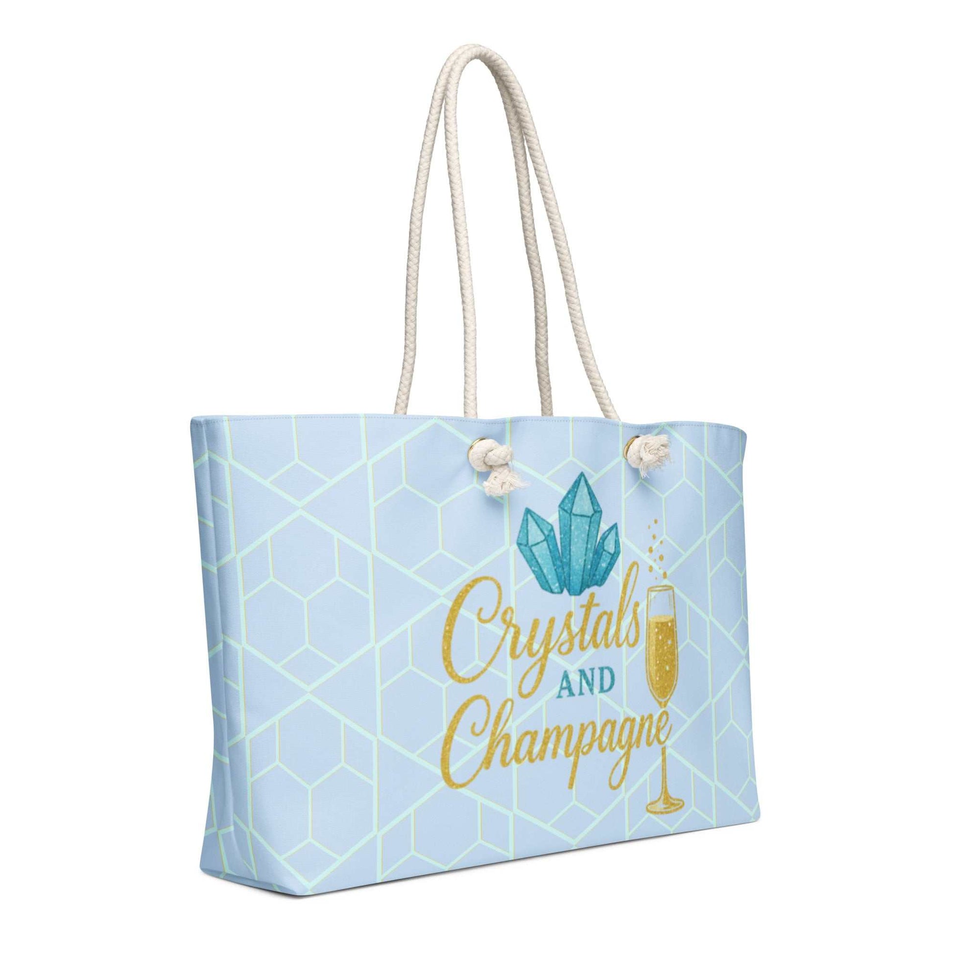 Oversized Weekender Bag with Crystals and Champagne Glow design, light blue with rope handles