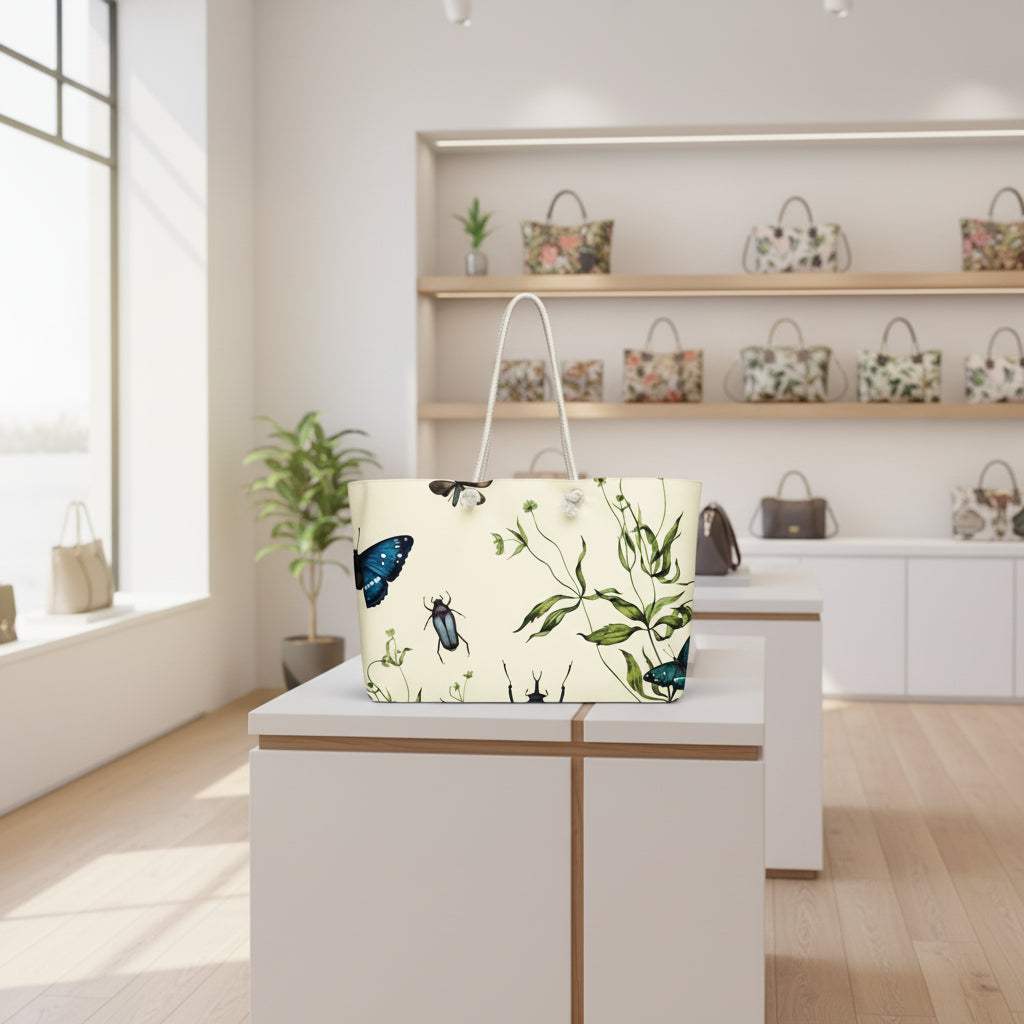 Oversized weekender bag with vintage botanical and mystical garden creature design featuring butterflies and beetles in soft colors