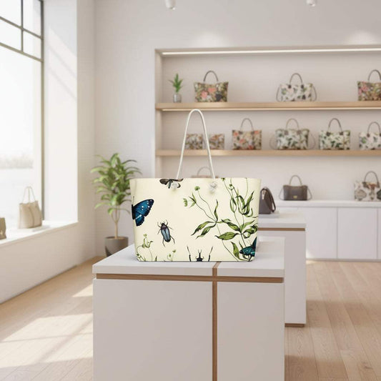 Oversized weekender bag with vintage botanical and mystical garden creature design featuring butterflies and beetles in soft colors