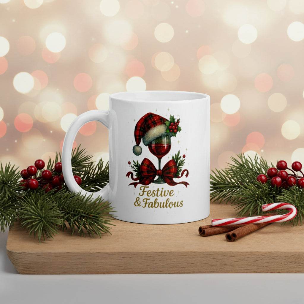Festive & Fabulous mug with Christmas wine glass design, ceramic holiday coffee cup with Santa hat and bow, cozy Xmas gift mug