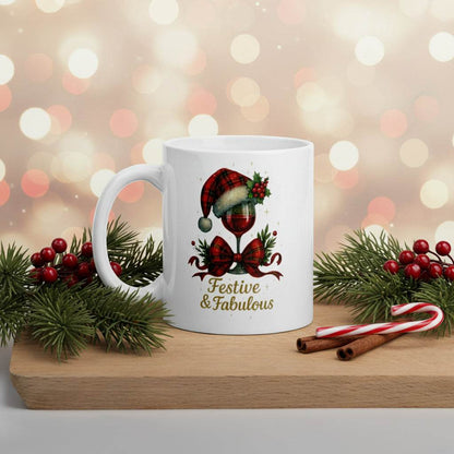 Festive & Fabulous mug with Christmas wine glass design, ceramic holiday coffee cup with Santa hat and bow, cozy Xmas gift mug