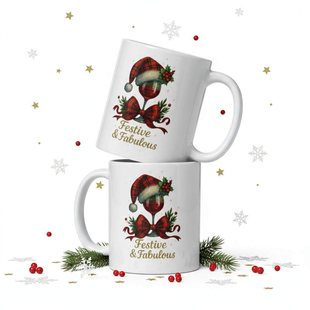 Festive & Fabulous Christmas mug with holiday wine glass design on white ceramic cup surrounded by festive decorations