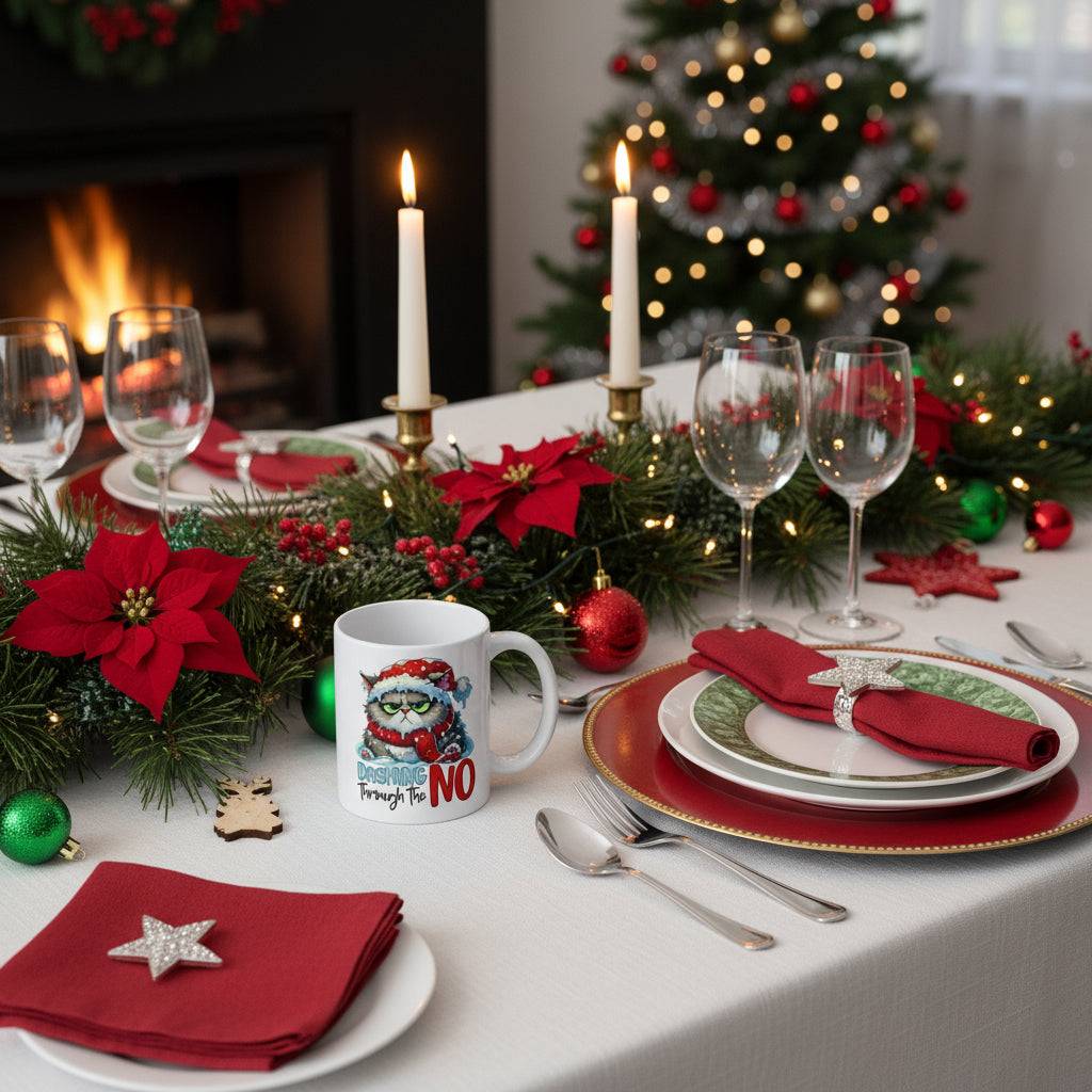 Funny Grumpy Christmas Cat Mug on festive holiday table with red and green decorations and candles