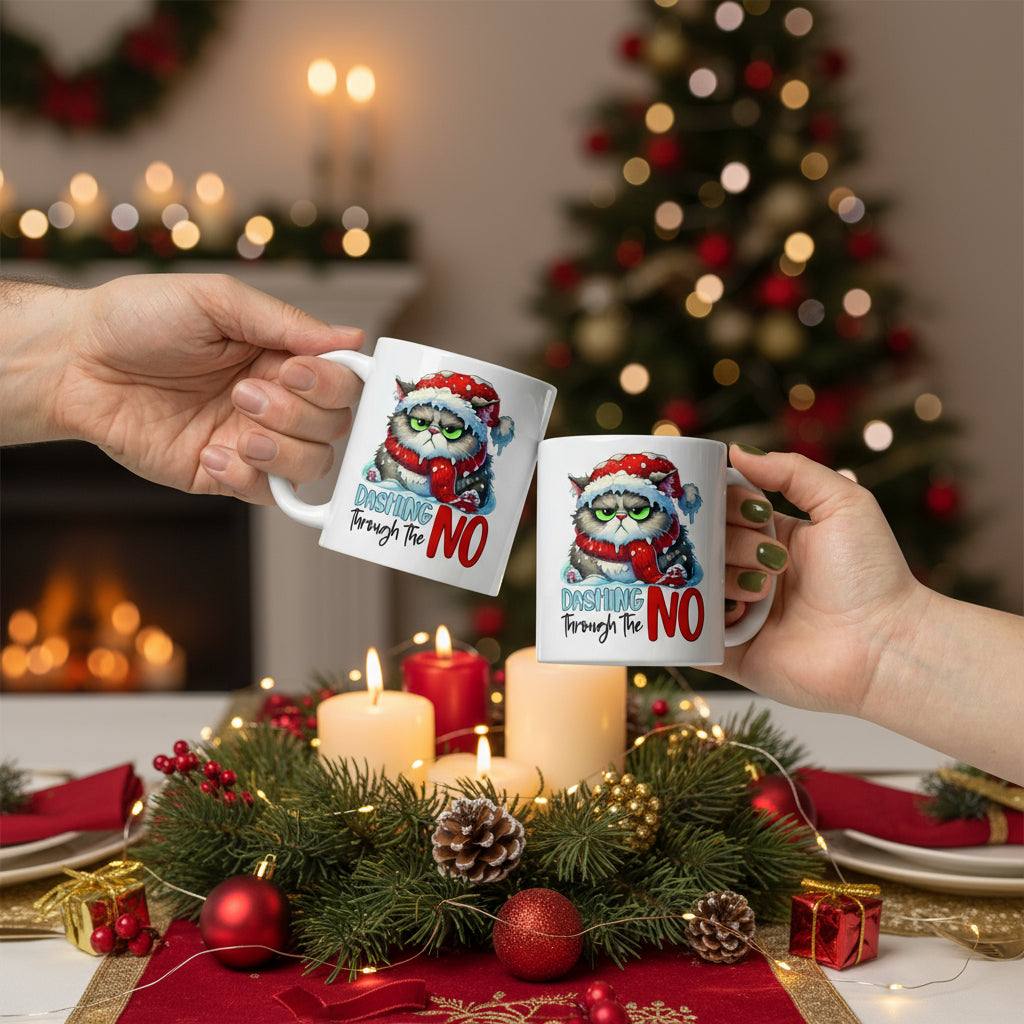 Funny Grumpy Christmas Cat Mug with festive cat design held over holiday table with candles and decorations