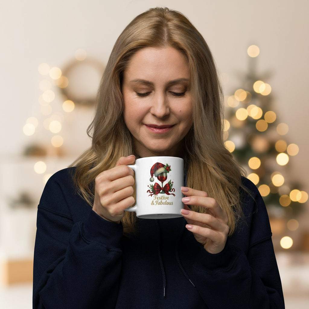 Woman holding white ceramic Festive & Fabulous Mug with Christmas design and text, cozy holiday setting