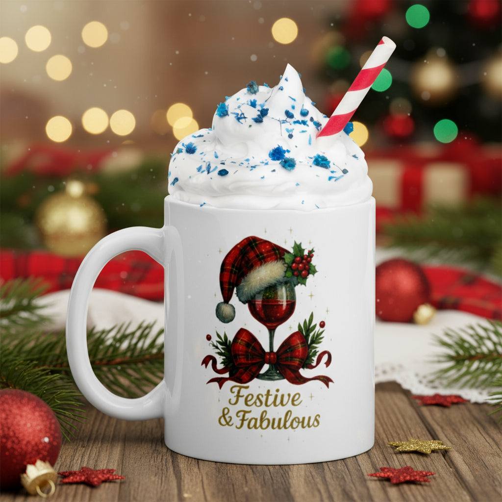 Festive & Fabulous Mug white ceramic Christmas mug with holiday wine glass design and whipped cream topping with candy cane straw