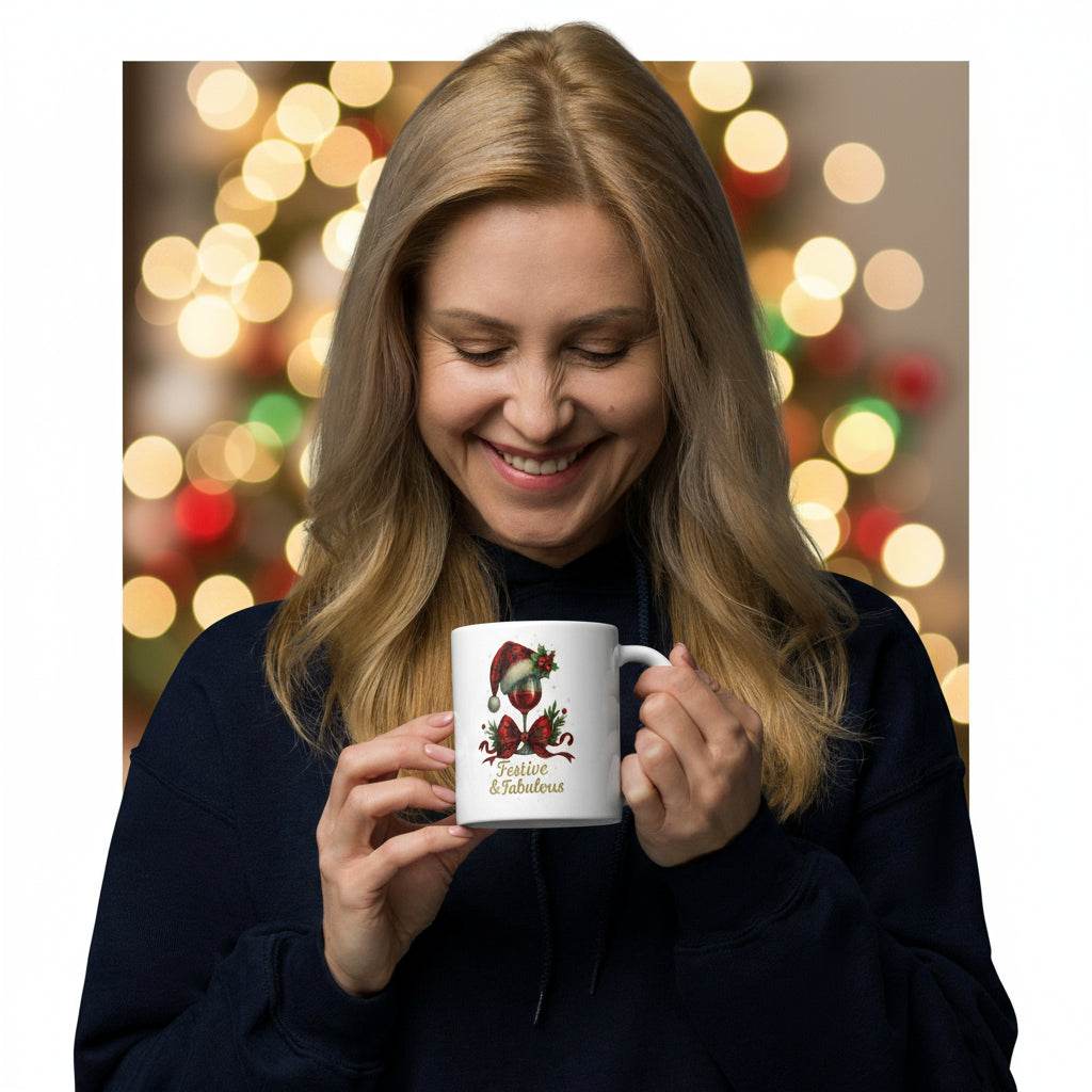 Woman holding white ceramic Festive & Fabulous Mug with Christmas design and holiday lights background