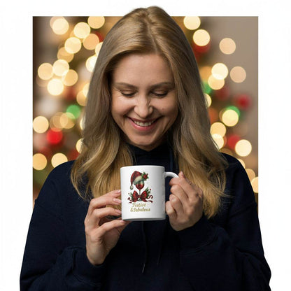 Woman holding white ceramic Festive & Fabulous Mug with Christmas design and holiday lights background