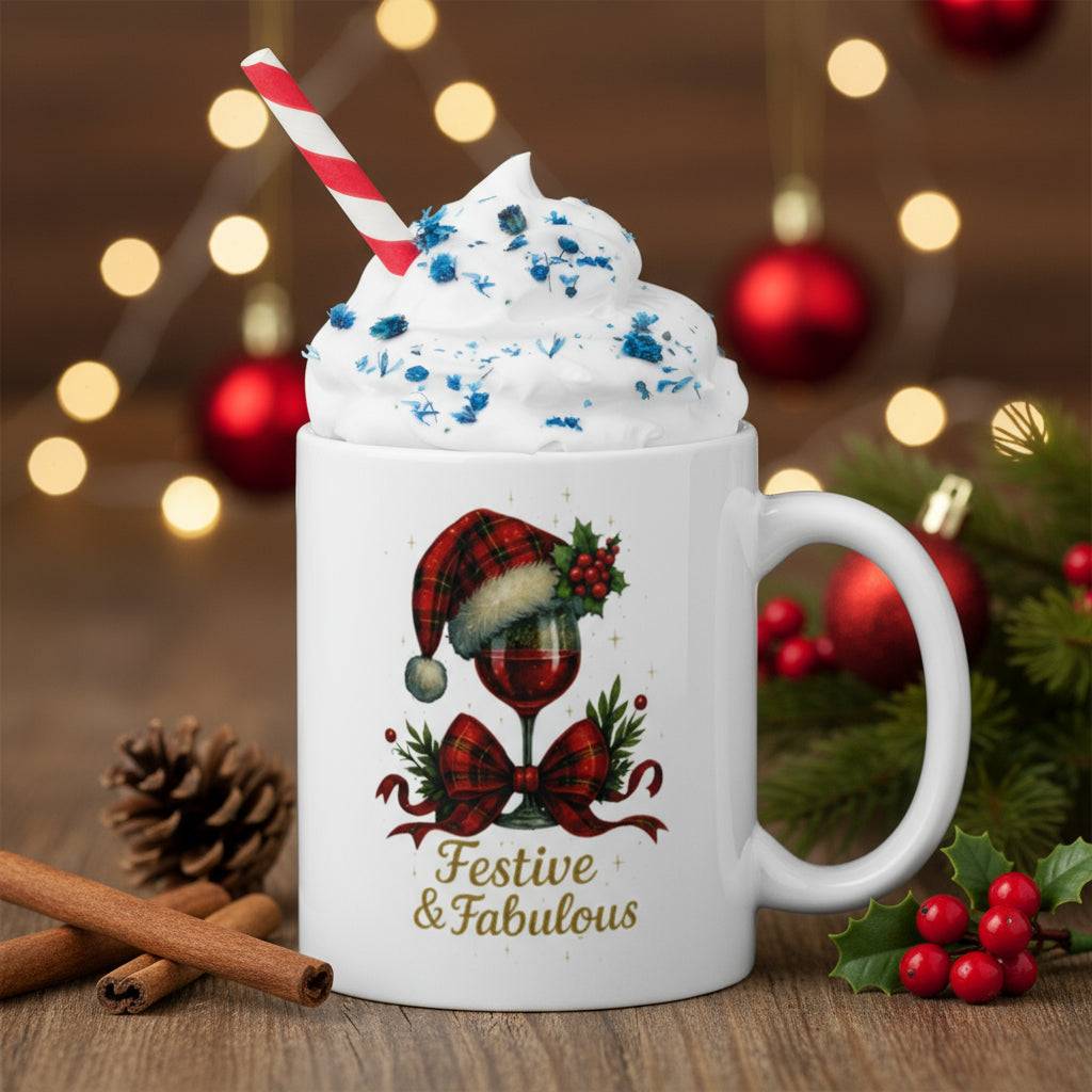 Festive & Fabulous Christmas mug with holiday wine cup design, white ceramic with whipped cream and red-striped straw, cozy festive background
