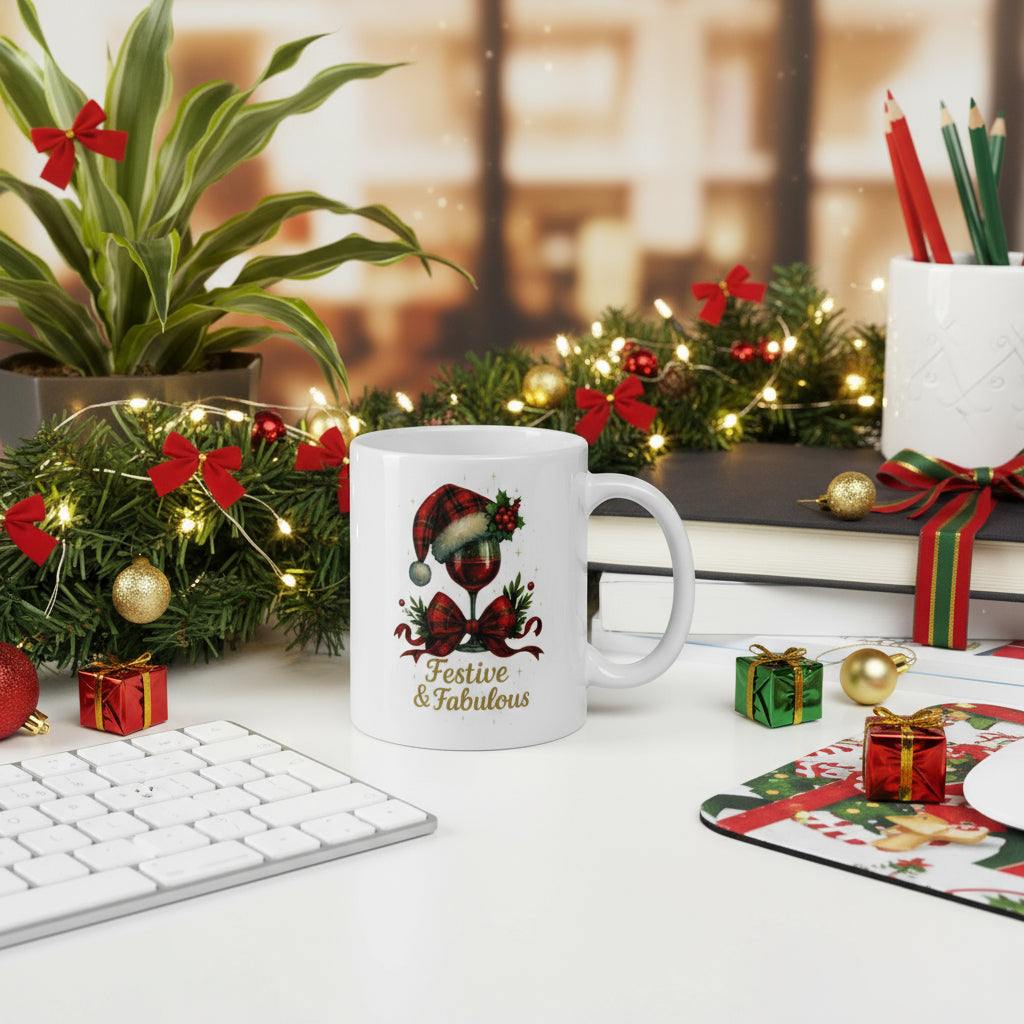 Festive & Fabulous Christmas mug with holiday wine glass design on white ceramic surrounded by Christmas decorations on a desk