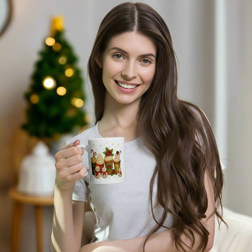 Woman holding white glossy Christmas mug with festive holiday design near blurred Christmas tree background