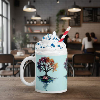 White glossy mug with colorful Tree of Life energy artwork filled with whipped cream and blue sprinkles in cozy café setting