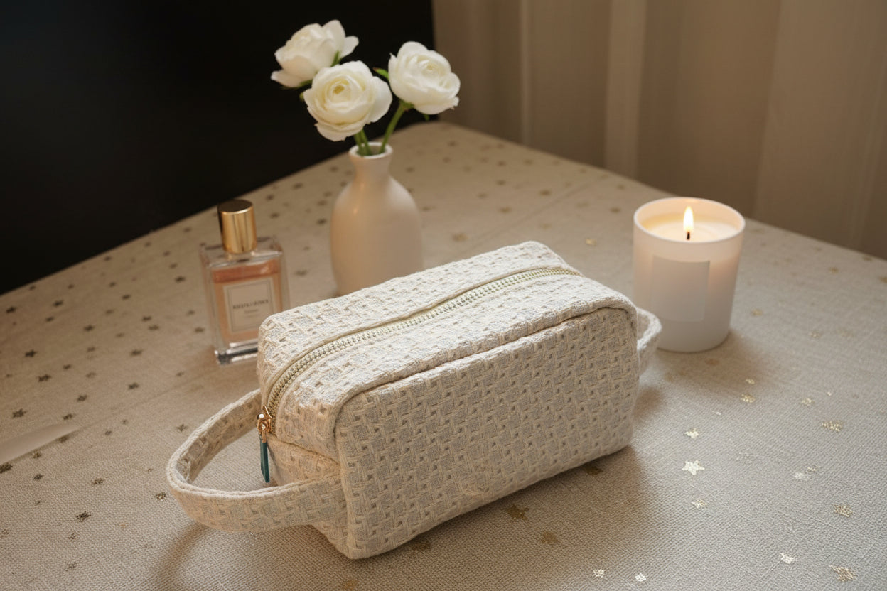 Glow Mystic in Style off-white geweven make-up tasje zijaanzicht op een beige laken met gouden sterren