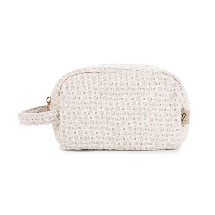 Glow Mystic in Style geweven off-white make-up tas zijaanzicht met gouden rits en draaglus