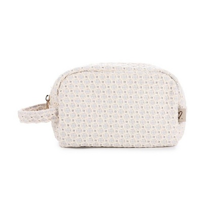 Glow Mystic in Style geweven off-white make-up tas zijaanzicht met gouden rits en draaglus