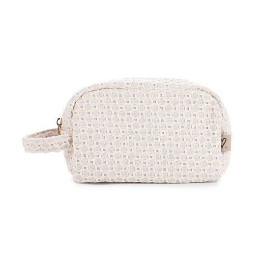 Glow Mystic in Style geweven off-white make-up tas zijaanzicht met gouden rits en draaglus
