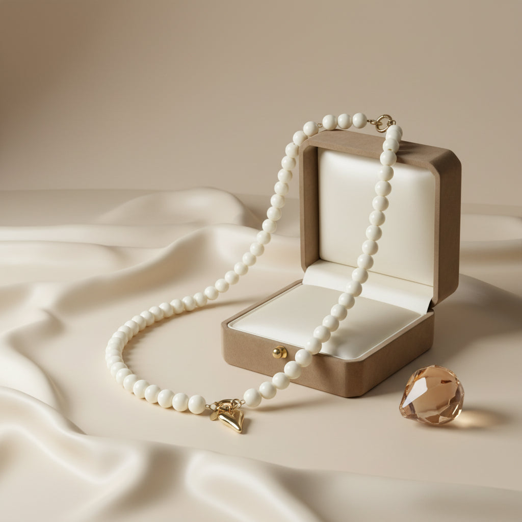 Close-up van de Glow Mystic kralenketting in een luxueuze hoek, toont de schittering van de witte parels en de goudkleurige RVS harthanger tegen een sfeervolle achtergrond."