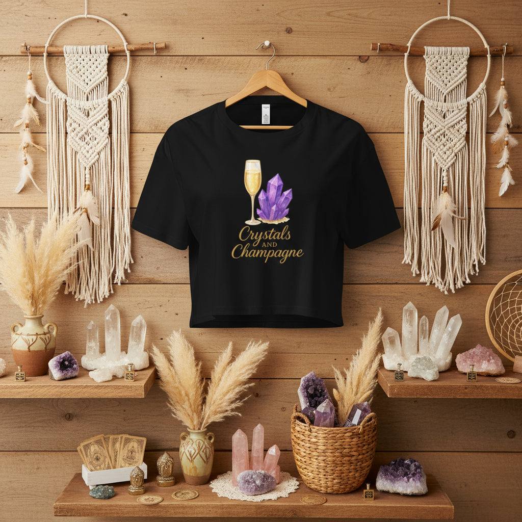 Black Crystals and Champagne Women's Crop T-Shirt with purple crystals and champagne glass print on wooden background with crystals and decor
