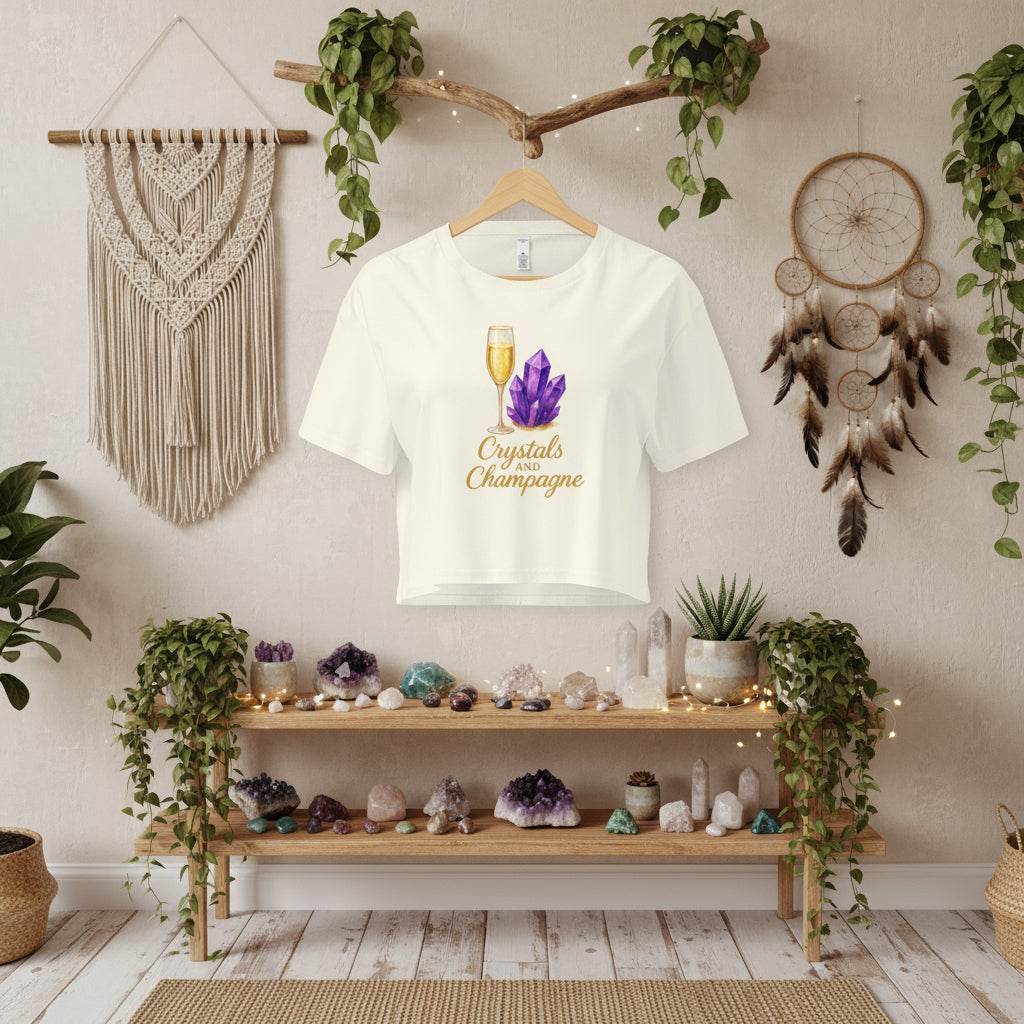 Crystals and Champagne women's white crop t-shirt with purple crystal and champagne glass design hanging in boho room with plants and crystals on wooden shelves