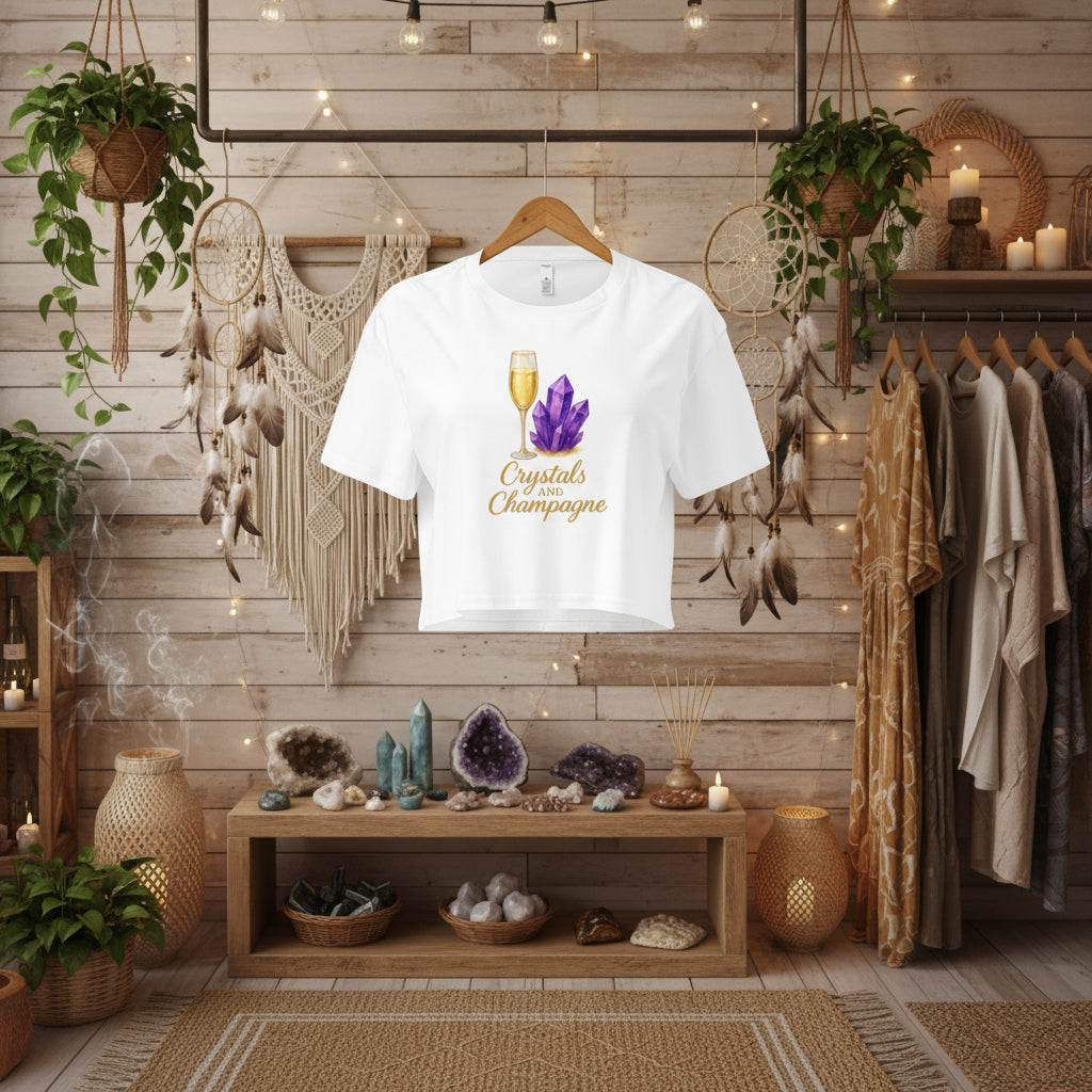 White Crystals and Champagne Women's Crop T-Shirt with champagne glass and purple crystals design hanging in boho styled room