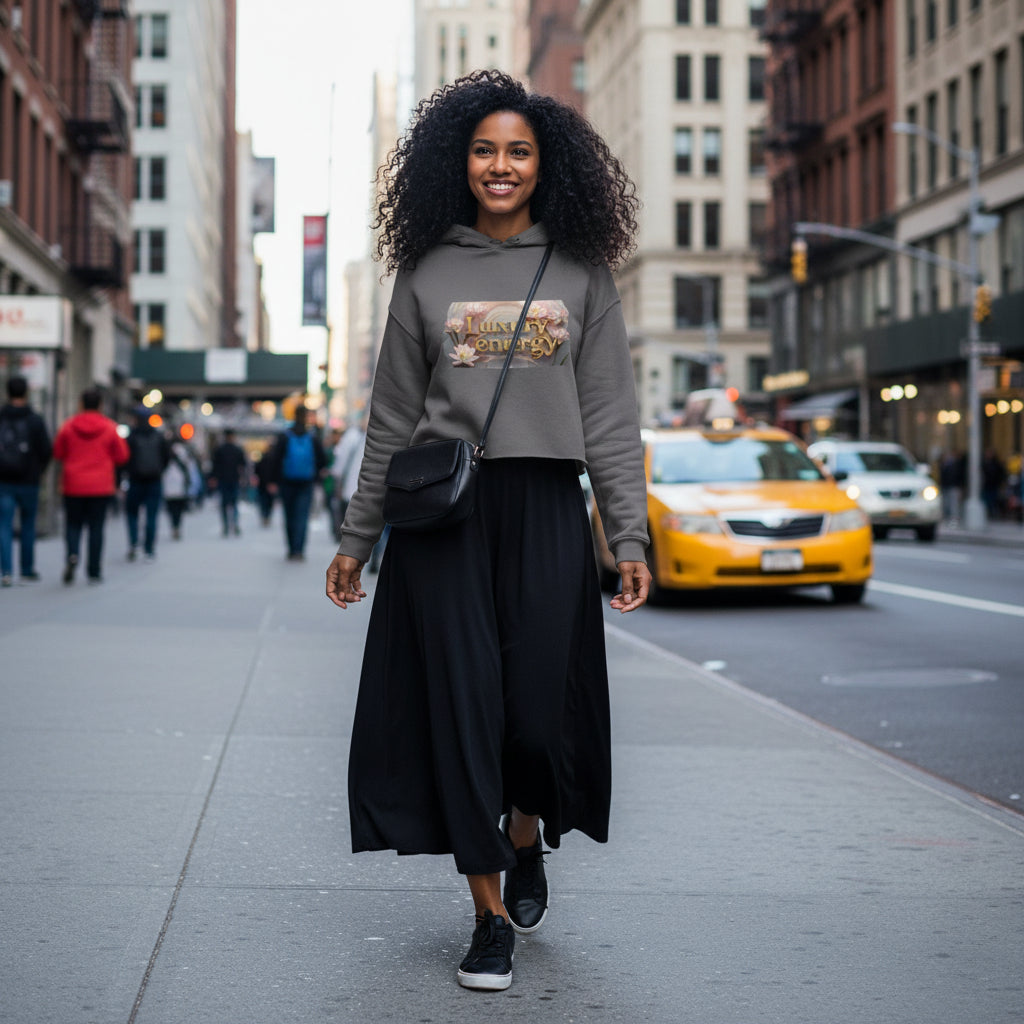 Luxury is My Energy Cropped Hoodie in gray with floral graphic, soft cotton blend, cropped fit, and hooded design for streetwear and casual style.