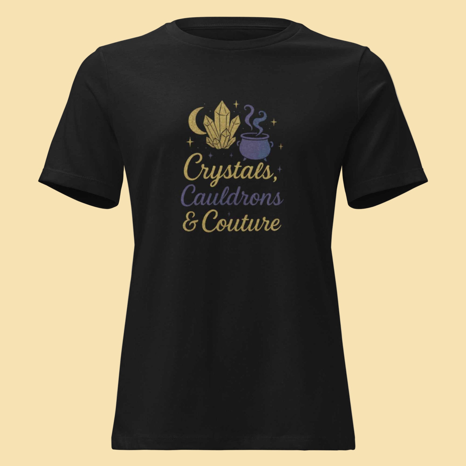 Black Crystals Cauldrons and Couture T Shirt with mystical crystal and cauldron design