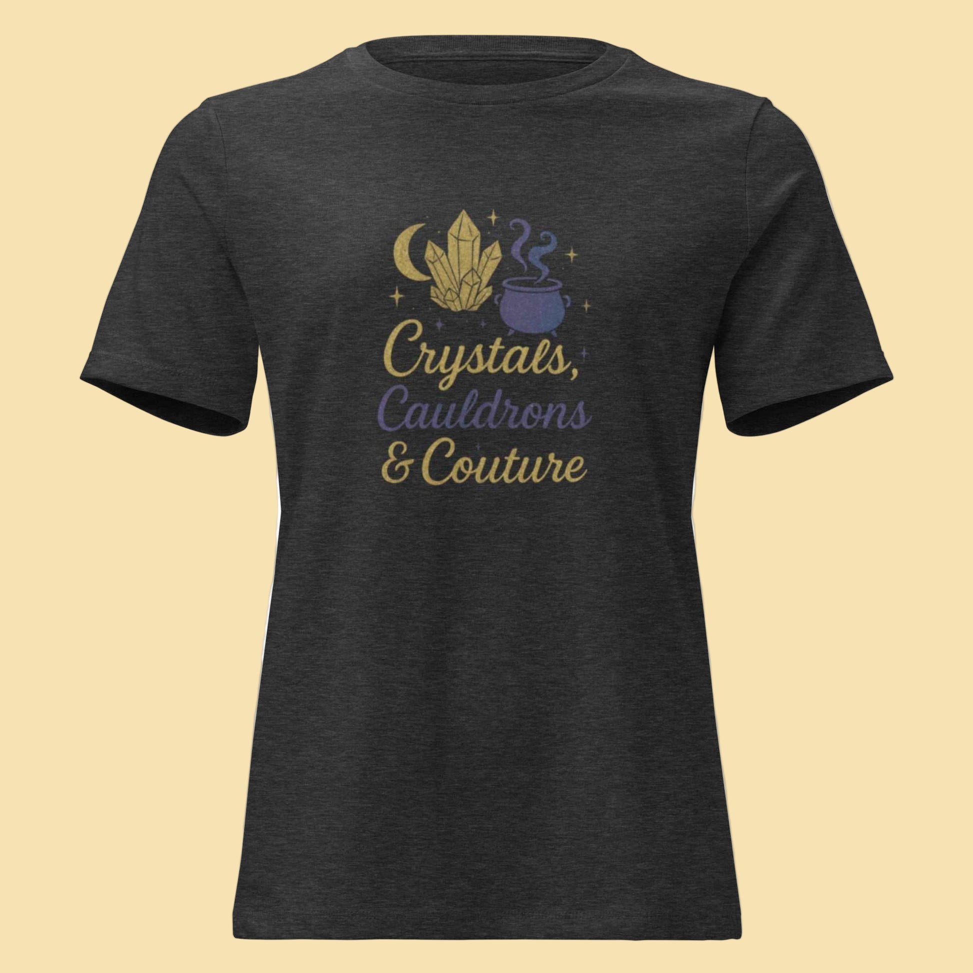 Crystals Cauldrons and Couture T Shirt with mystical crystal, cauldron, and moon design on dark gray fabric