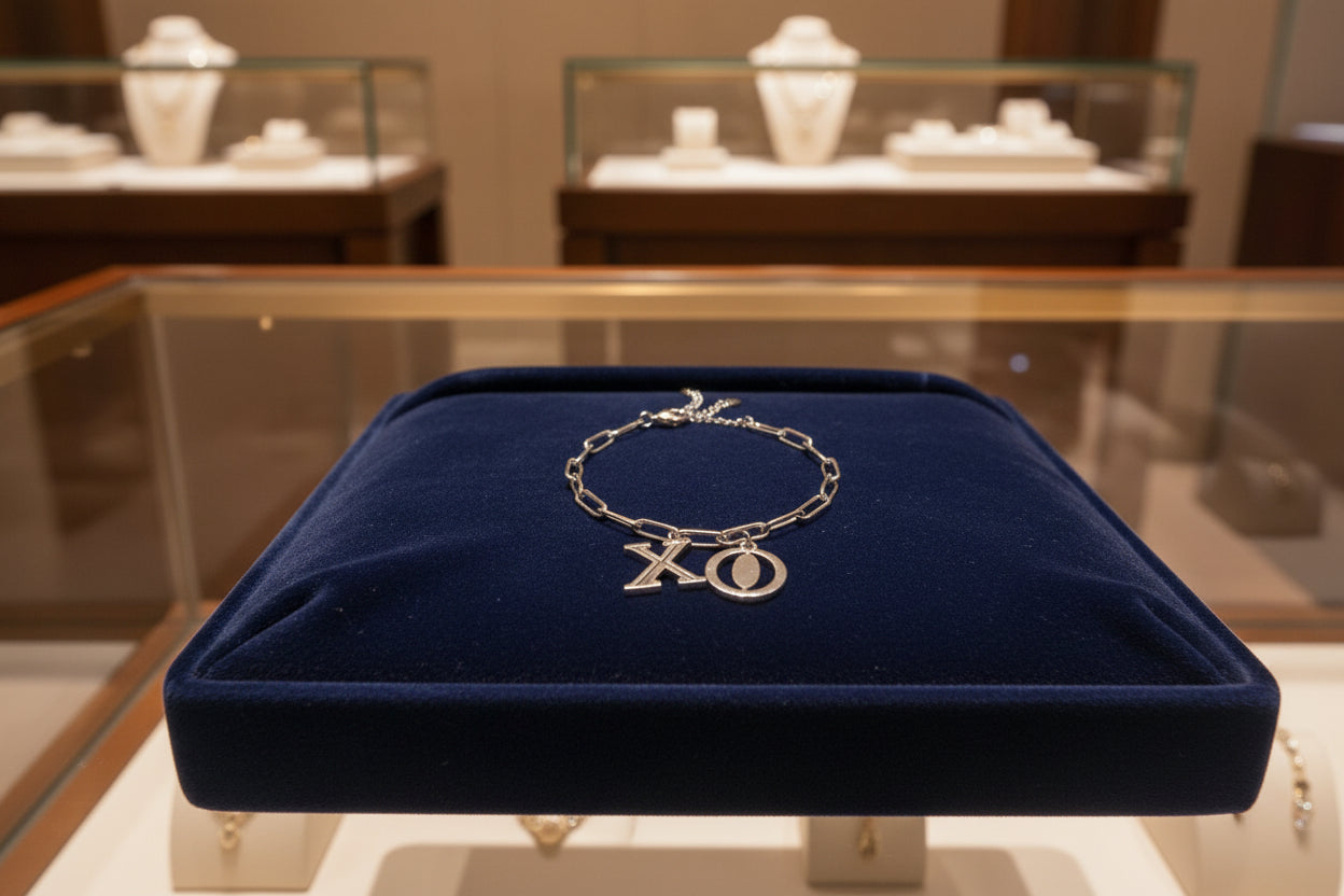 XO rvs armband als mock up op een blauw velvet kussen in een sieradenwinkel.