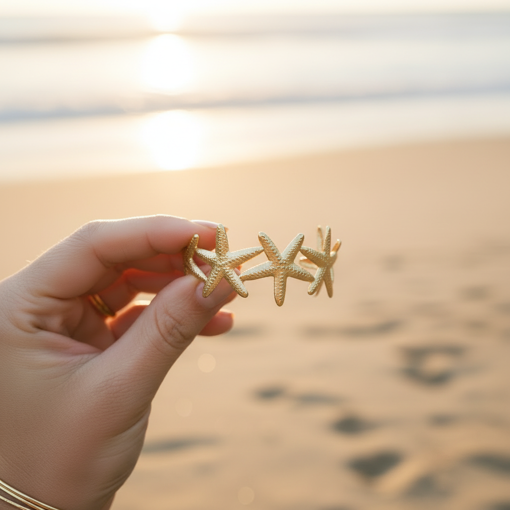 Goudkleurige open armband met zeesterren, vastgehouden in een hand tegen een sfeervolle, wazige achtergrond van een zandstrand en de zee tijdens de zinsondergang.
