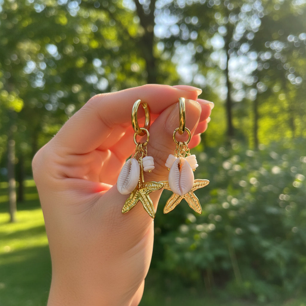 Paar gouden stainless steel zeester oorbellen met kauri-schelpjes vastgehouden in de natuur.