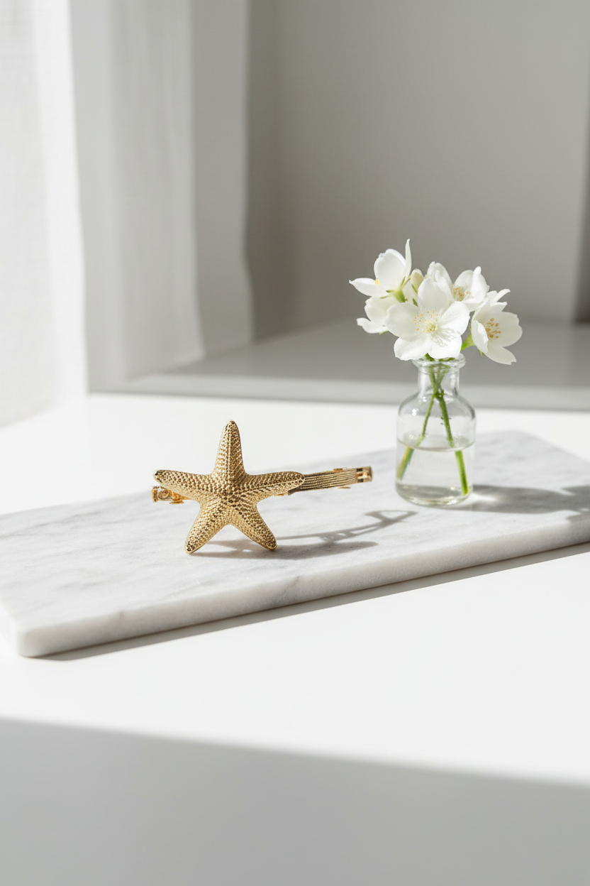 Bovenaanzicht van de gouden metalen haarschuif in de vorm van een gedetailleerde zeester op een witte maremeren schaal met een vaasje bloemen ernaast.