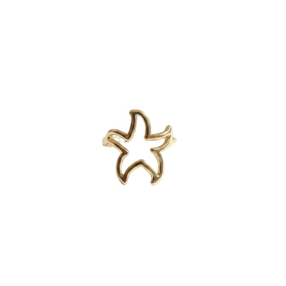 Minimalistische gouden zeester ring gemaakt van stainless steel op een clean witte achtergrond, verstelbare RVS ring.