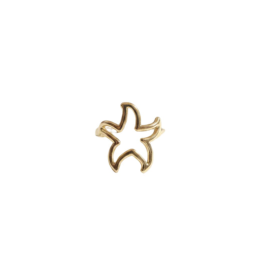 Minimalistische gouden zeester ring gemaakt van stainless steel op een clean witte achtergrond, verstelbare RVS ring.
