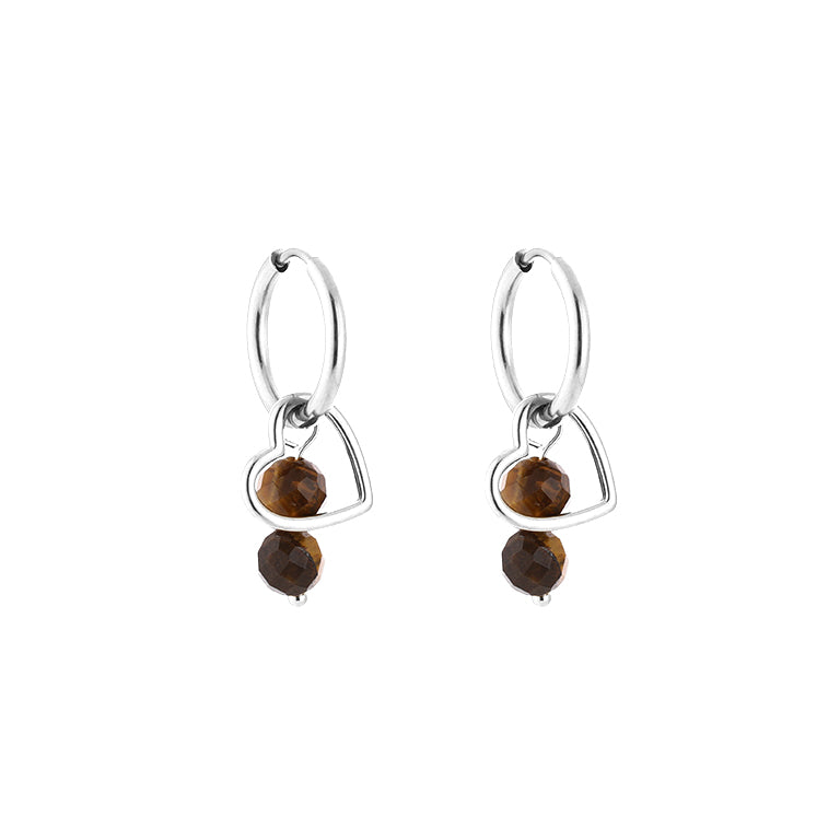 Glow Mystic in Style zilveren stainless steel charm hoops met open hartje en bruine kraaltjes op witte achtergrond