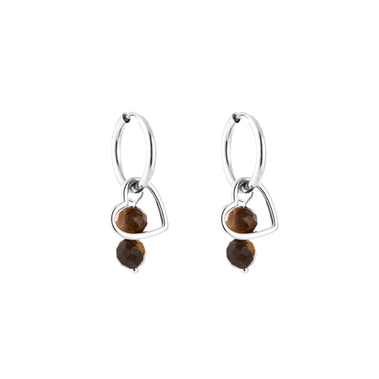 Glow Mystic in Style zilveren stainless steel charm hoops met open hartje en bruine kraaltjes op witte achtergrond