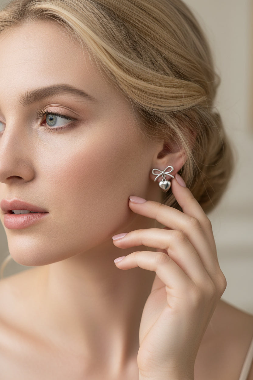 Lifestyle foto van een elegant blond model dat de verfijnde zilverkleurige strik- en hartjesoorbellen van RVS in het oor draagt.