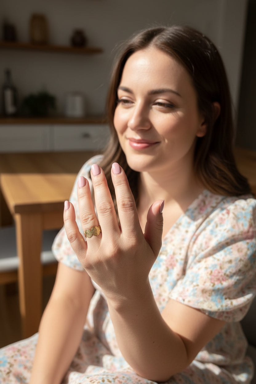 Vrouw met zachtroze nagellak toont een soleil ring met details.