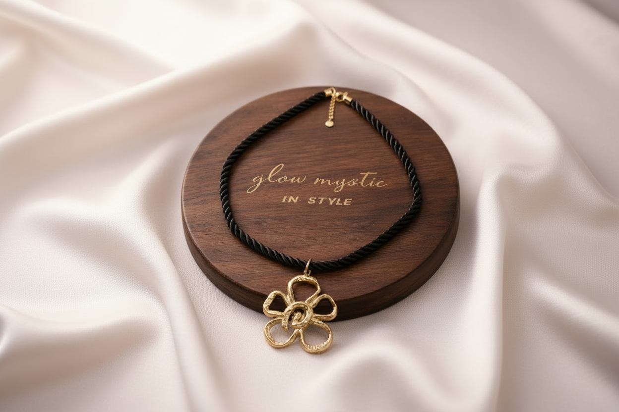 Elegante zwarte gedraaide koordketting met gouden bloemhanger.